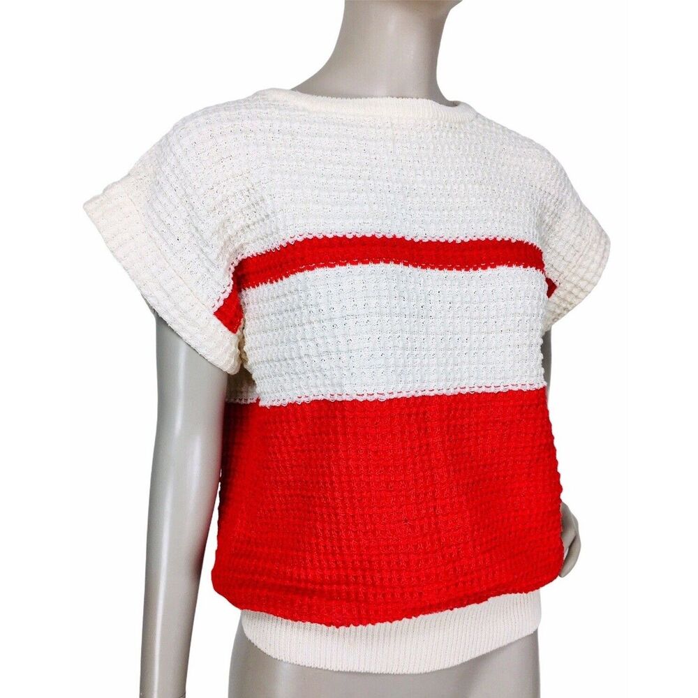 Vintage 80s Liz Sport Color Block Waffle Knit Short Sleeve Pullover Sweater Top